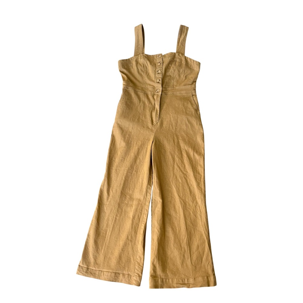 Gigio USA Womens Tan Wide Leg Jumpsuit Stretch L Utility Hippie Overall